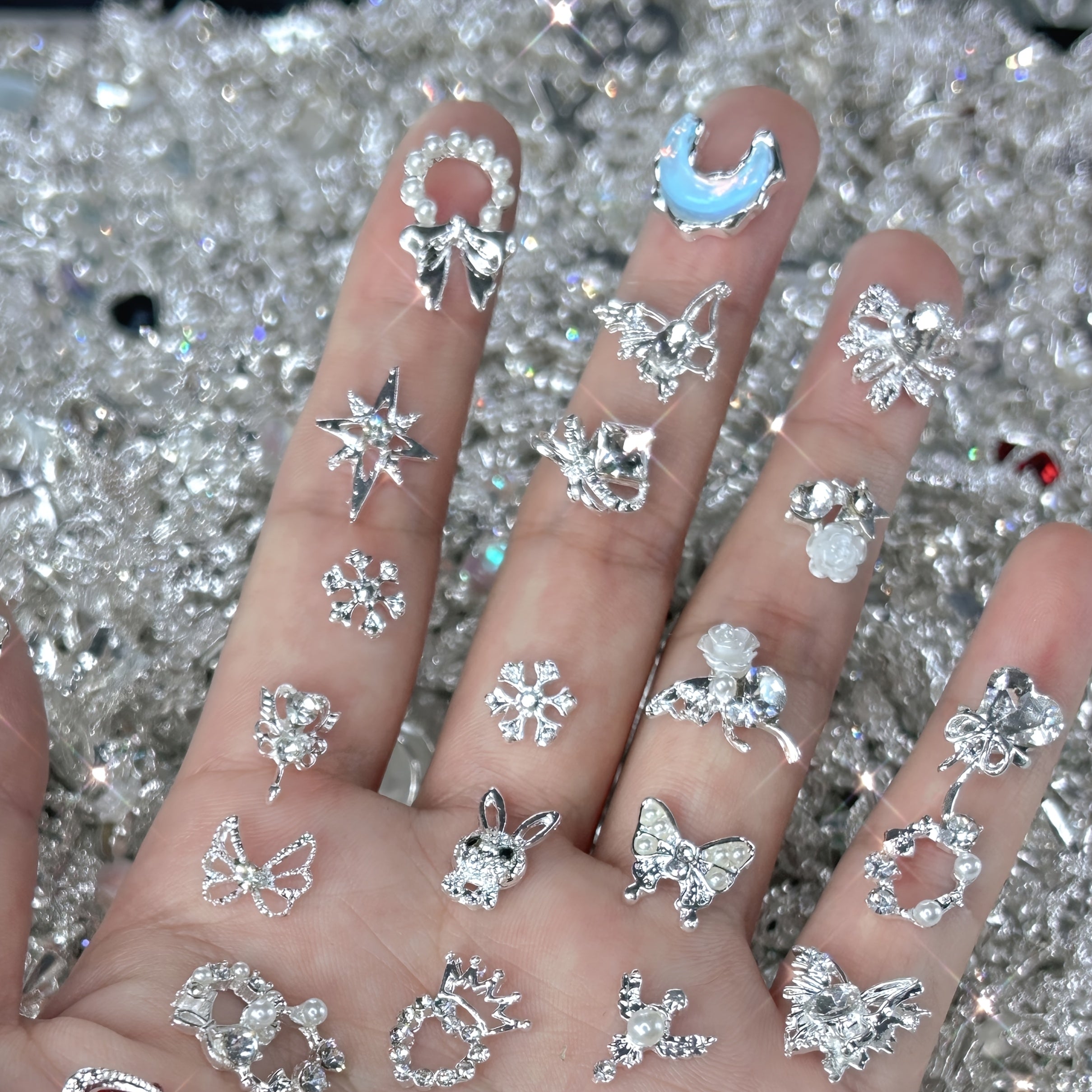 100pcs Mixed Metal Nail Art Charms Set, Alloy Rhinestones, Assorted Designs, Floral, Butterfly, Heart & Star Shapes, Unscented
